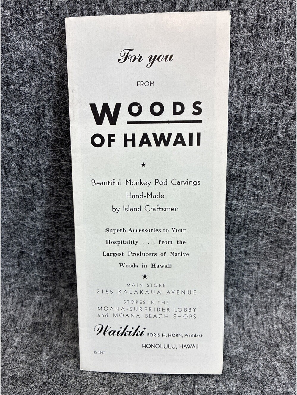 Vtg 1957 Woods of Hawaii Brochure Waikiki Tiki Monkey Pod Furniture Bowls MCM